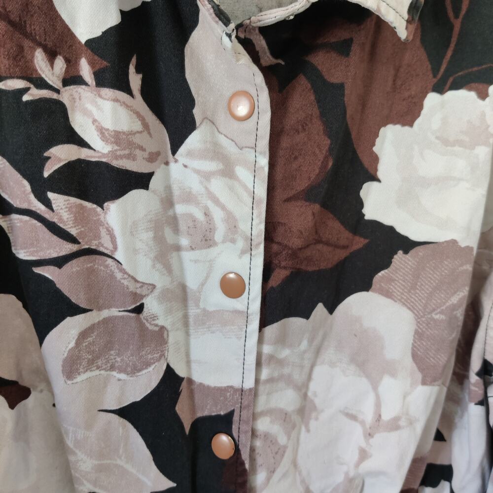 Twill Shirt Drees 8 in Bold Floral Print Long Sleeve Denim Button White Black - Picture 5 of 7